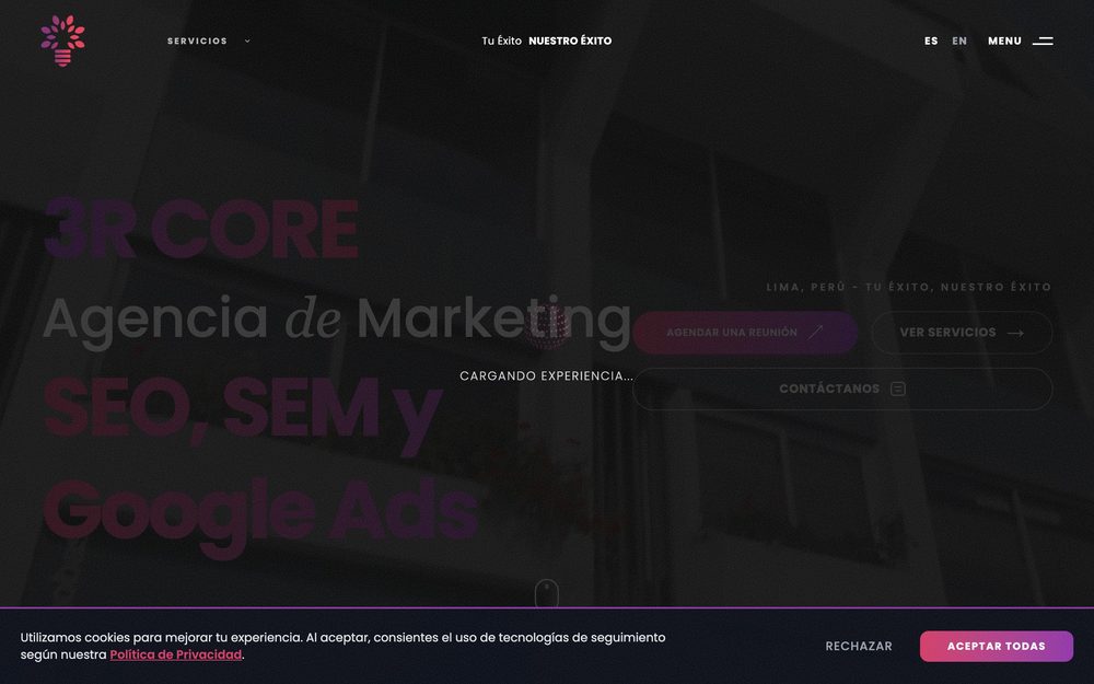 Captura de la web de 3R Core, agencia de marketing en Perú