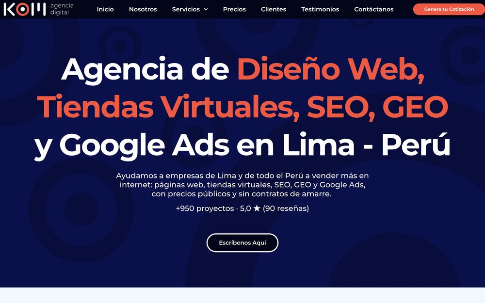 Captura de la web de KOM, agencia de marketing en Perú