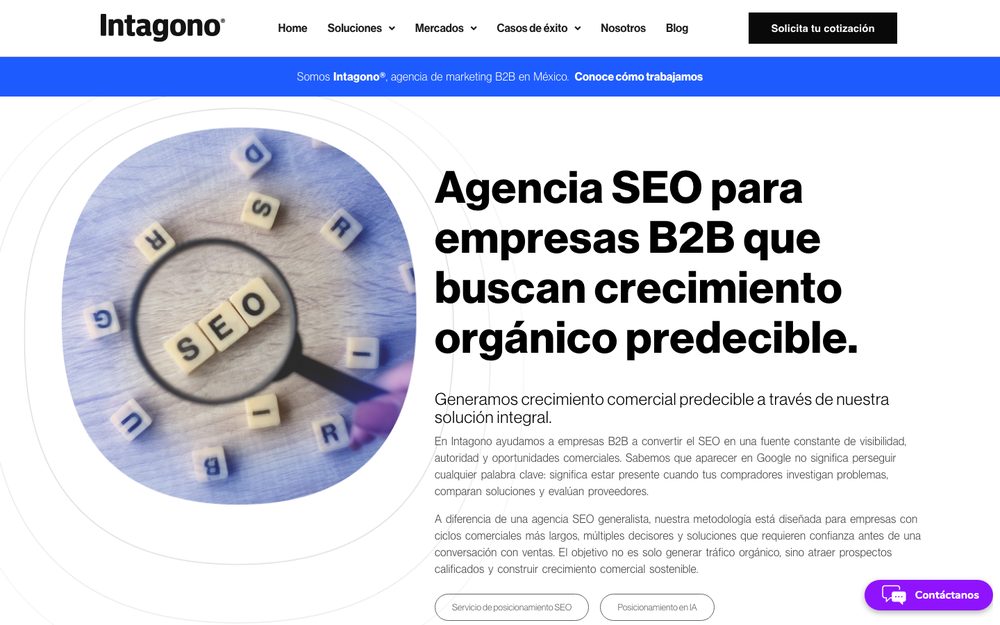 Captura de la web de Intagono, agencia SEO en México