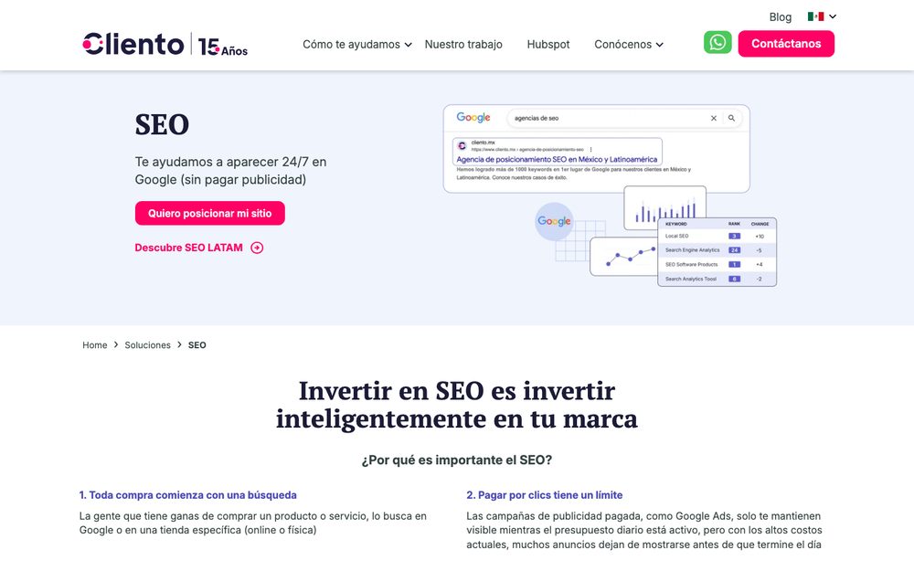 Captura de la web de Cliento, agencia SEO en México