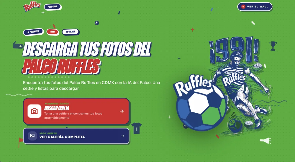 Palco Ruffles CDMX — microsite con reconocimiento facial por IA para descargar fotos del evento, desarrollo por José Gaspard