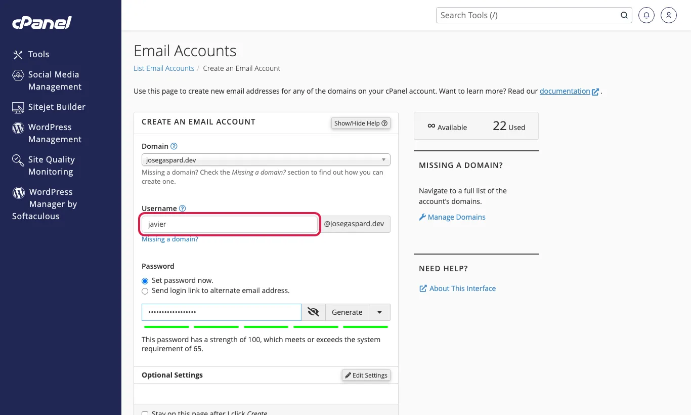 Formulario Create an Email Account con el usuario javier