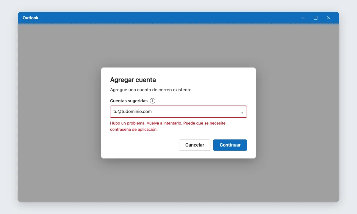 El error de Outlook al agregar el correo desde «Cuentas sugeridas»