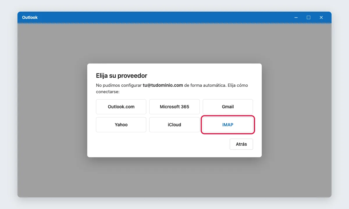 Ventana para elegir el proveedor de correo con la opción IMAP marcada