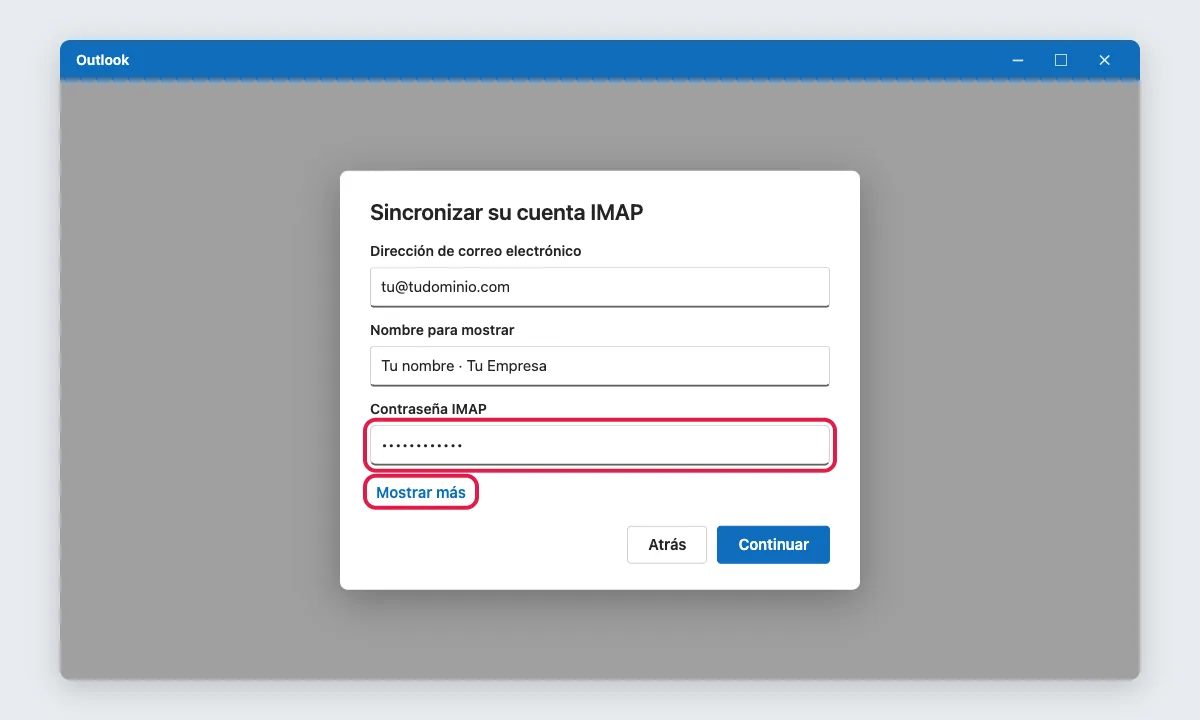 Formulario IMAP de Outlook con la contraseña y el enlace Mostrar más