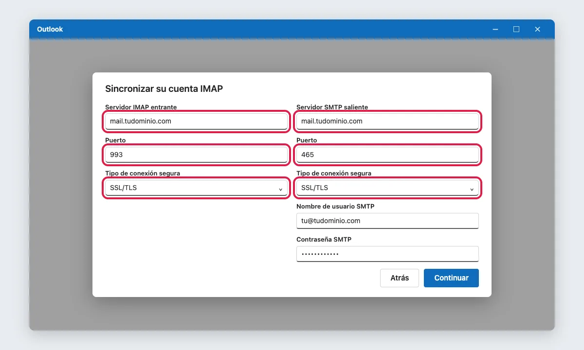 Datos del servidor en Outlook: IMAP 993 y SMTP 465, ambos con SSL/TLS