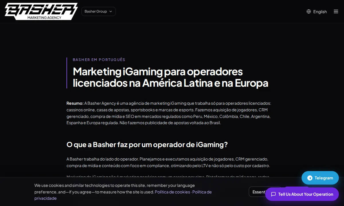 Captura de la portada en portugués de basher.agency con el titular Marketing iGaming para operadores licenciados