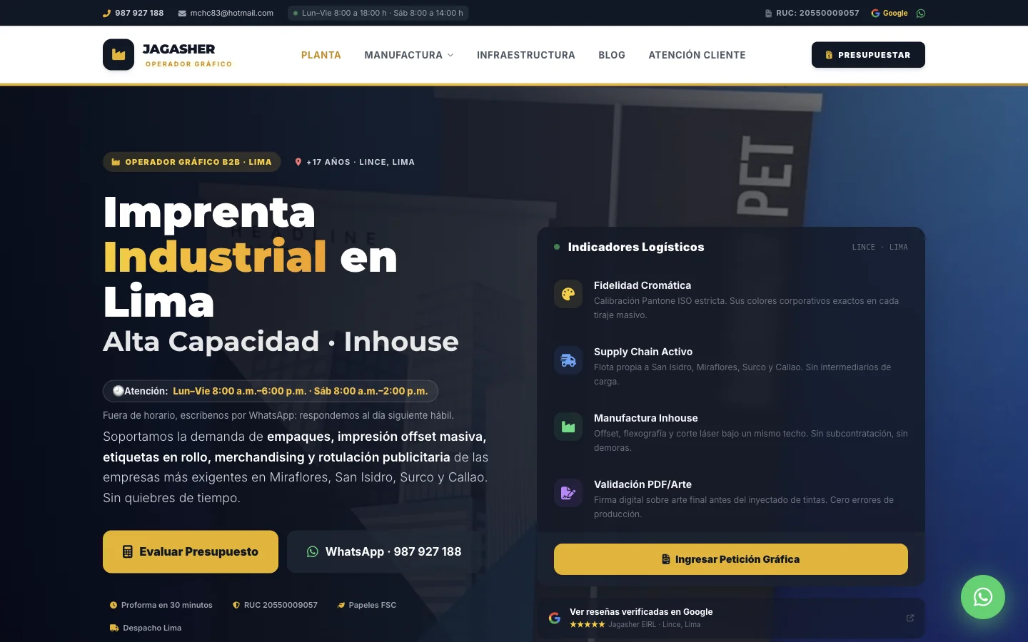 Portada de imprentaperuana.com en escritorio, con el titular «Imprenta Industrial en Lima» y los botones de presupuesto y WhatsApp
