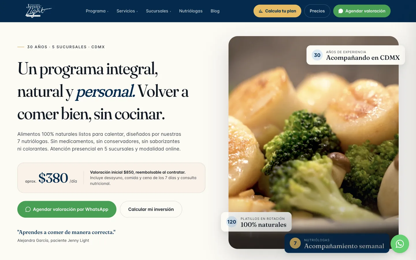 Portada de jennylight.com.mx en escritorio, sitio de la clínica de nutrición Jenny Light